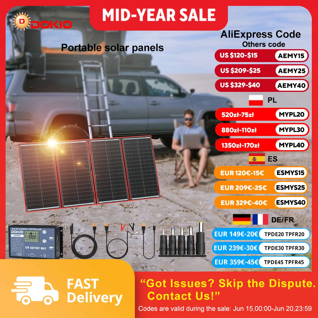 Panneau solaire pliable portable Dokio 300 W 18 V avec contrôleur 12 V adapté aux voyages de camping en famille 1 Panneau solaire pliable portable Dokio 300 W 18 V avec contrôleur 12 V adapté aux voyages de camping en famille 1
