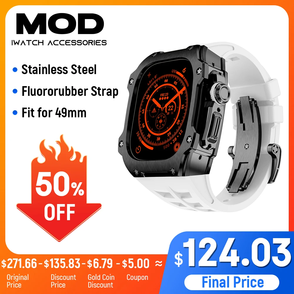 Kit Di Retrofit In Acciaio Inossidabile Super Deluxe Apple Watch Super 49Mm Con Cinturino In Fluorurubber Premium Ultra Ultra2