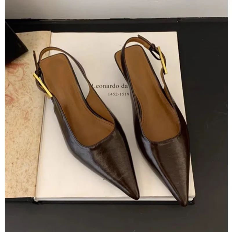 Sexy Pointed Toe Mid Heels Sandals Women Shoes Slingback Summer Trend Dress Leather Pumps New Elegant Party Sandalias Mujer