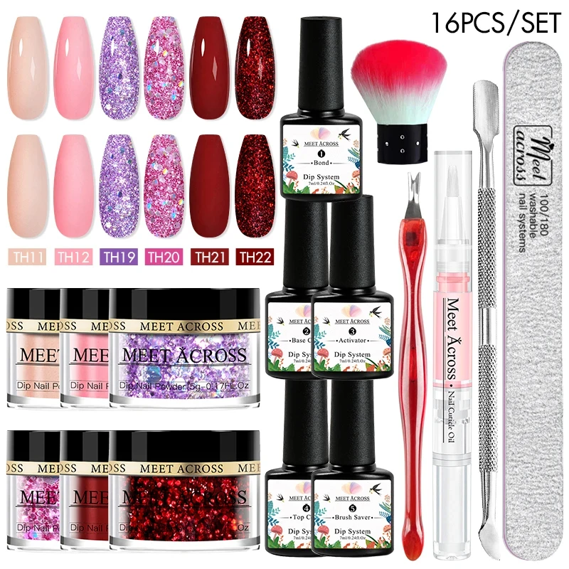 MEET ACROSS 5g/can Dipping Powder Starter Set With dip system Liquid kit Glitter Powder Dust Dip Nails Kit For Manicure