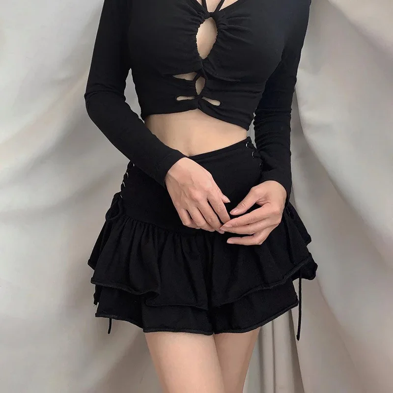 Dark Girl Bandage Skirts Summer Women Gothic Solid Colors High Waist Ruffles Mini Skirts Y2k Streetwear Sexy Clothing Black Cool charmian gothic punk corset skirt women s medieval renaissance retro ruffles elastic waist band pirate costume skirt black