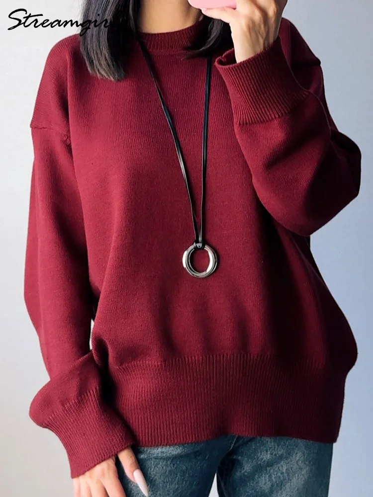 Basic Winter Burgundy Oversize Sweater Women O Neck Warm Pullovers Loose Knitwear Women's Sweater Winter Clothes Women 2024