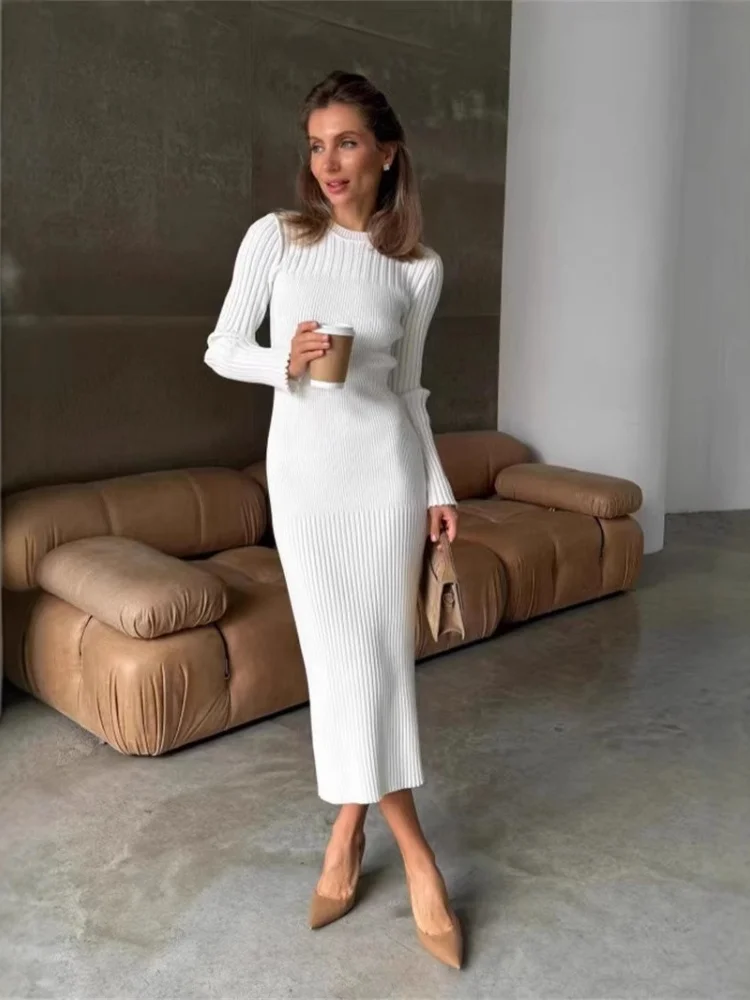 Wmstar Dress Women Wholesale Long Sleeved Autumn Winter Sweater for Knitted Round Neck Striped Solid Color Tight One Piece 2025