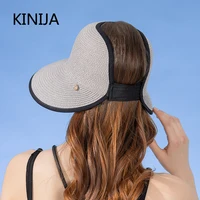 New Women Roll Up Sun Visor Wide Brim Straw Hat Summer Hollow Out Dreathable UV Protection Cap for Beach Travel Bonnet Wholesale 3