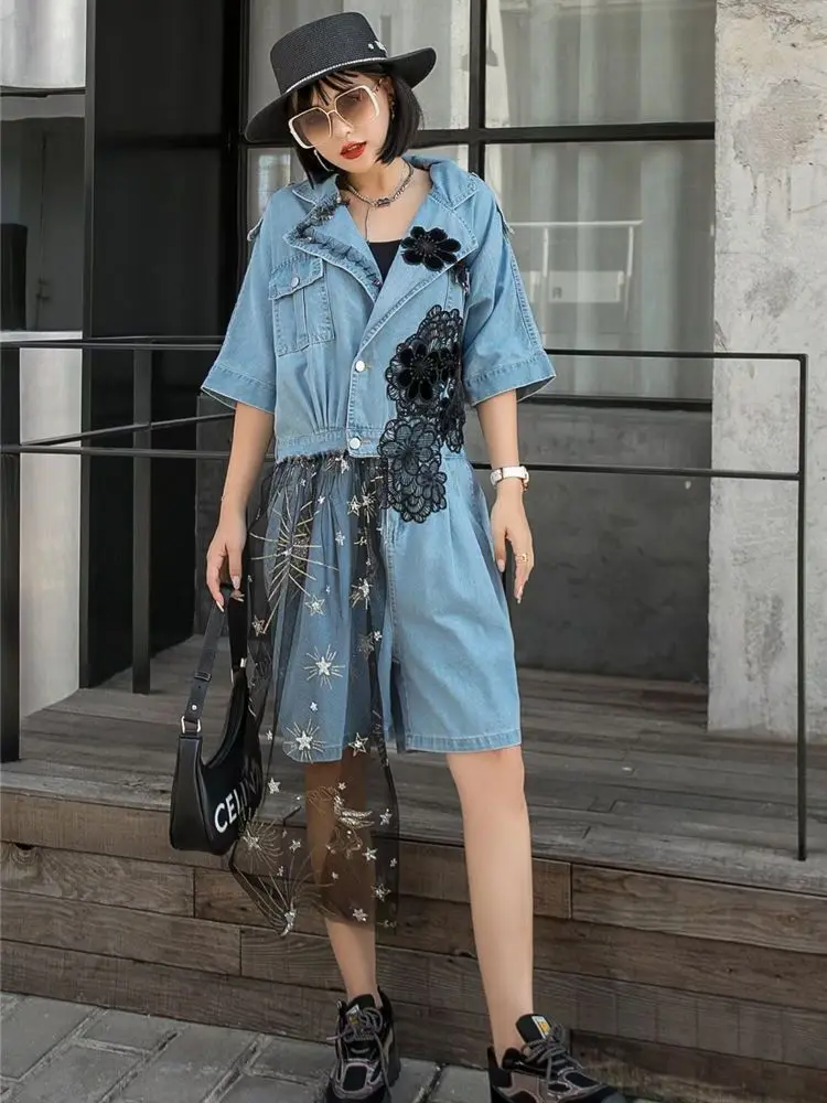 

Summer Mesh Patchwork Short Sleeved Denim Jumpsuit Women's Loose Waist Streetwear Streight Single-breasted Wide Leg Playsuits