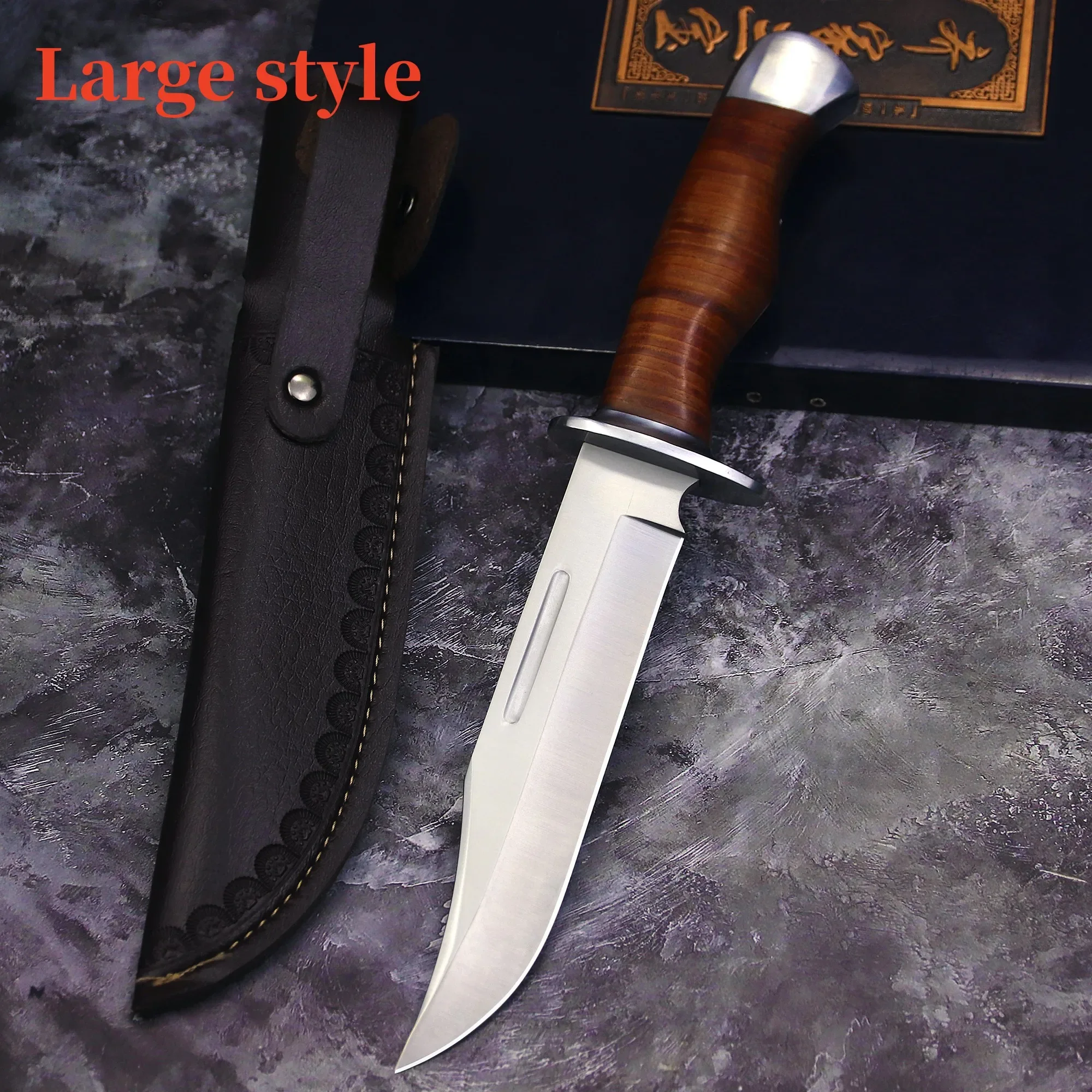 Outdoor Hunting Knife Straight Knife Leather Handle Jungle Camping Hiking Knife EDC Tool Knife Collection Gifts