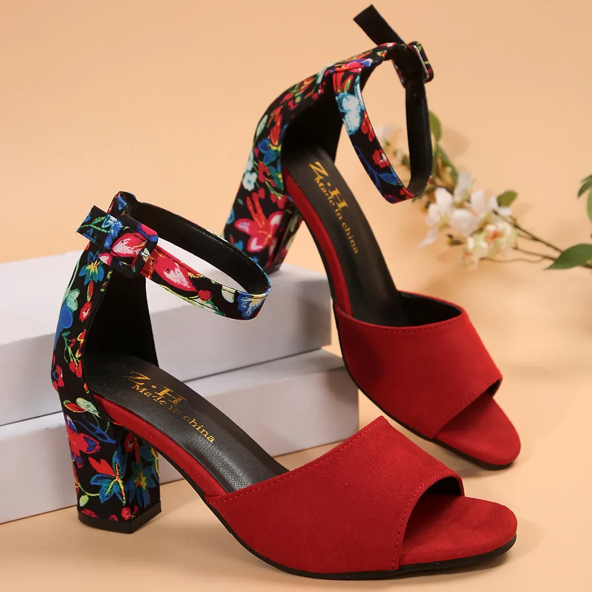 Women Summer Shoes 2026 High Sandals Vintage Flower Print Open Toe High Heels Woman Casual Buckle Ankle Strap Sandalse