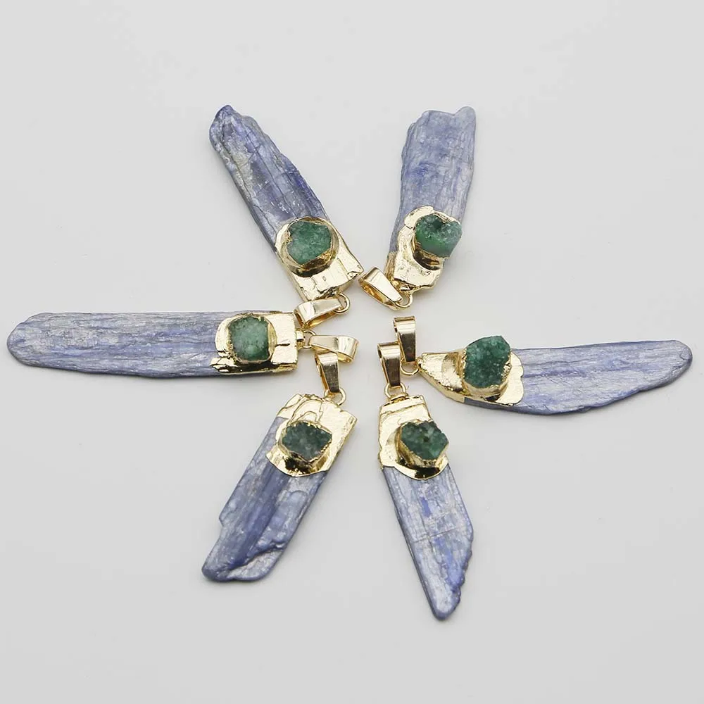 Natural Raw Stone Blue Crystal Strip Pendants Irregular Green Agate Necklace Reiki Charms DIY Jewelry Accessories Wholesale 8Pcs