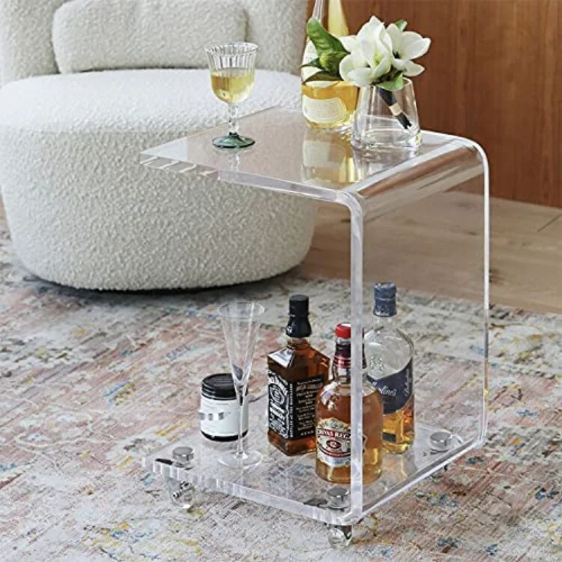 Modern Lucite Movable C Shaped End Lucite Table,Acrylic Sofa Side Table, Snack Mini Table On Wheels,Clear Rolling Table Set