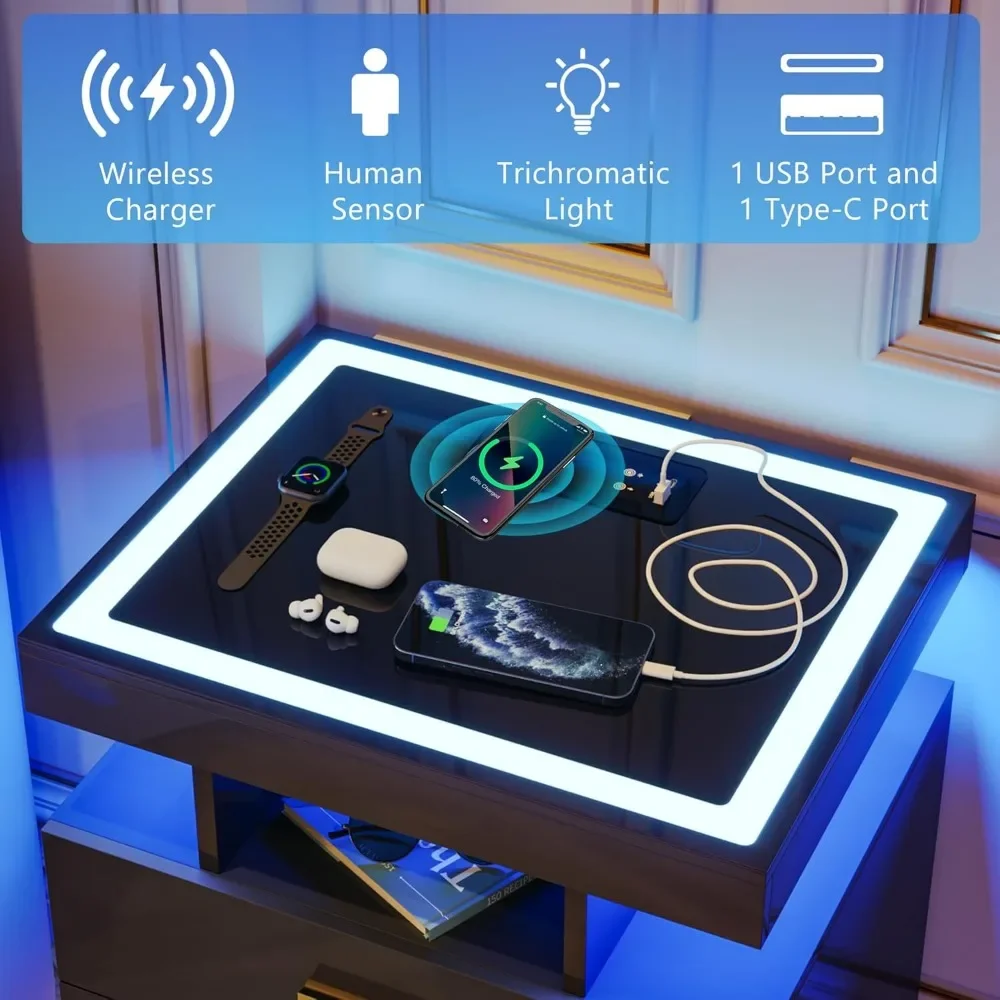 Nightstands Wireless Charging Station Auto Sensor 3 Color Dimmable LED Night Stand Bedside Table 3 Drawers