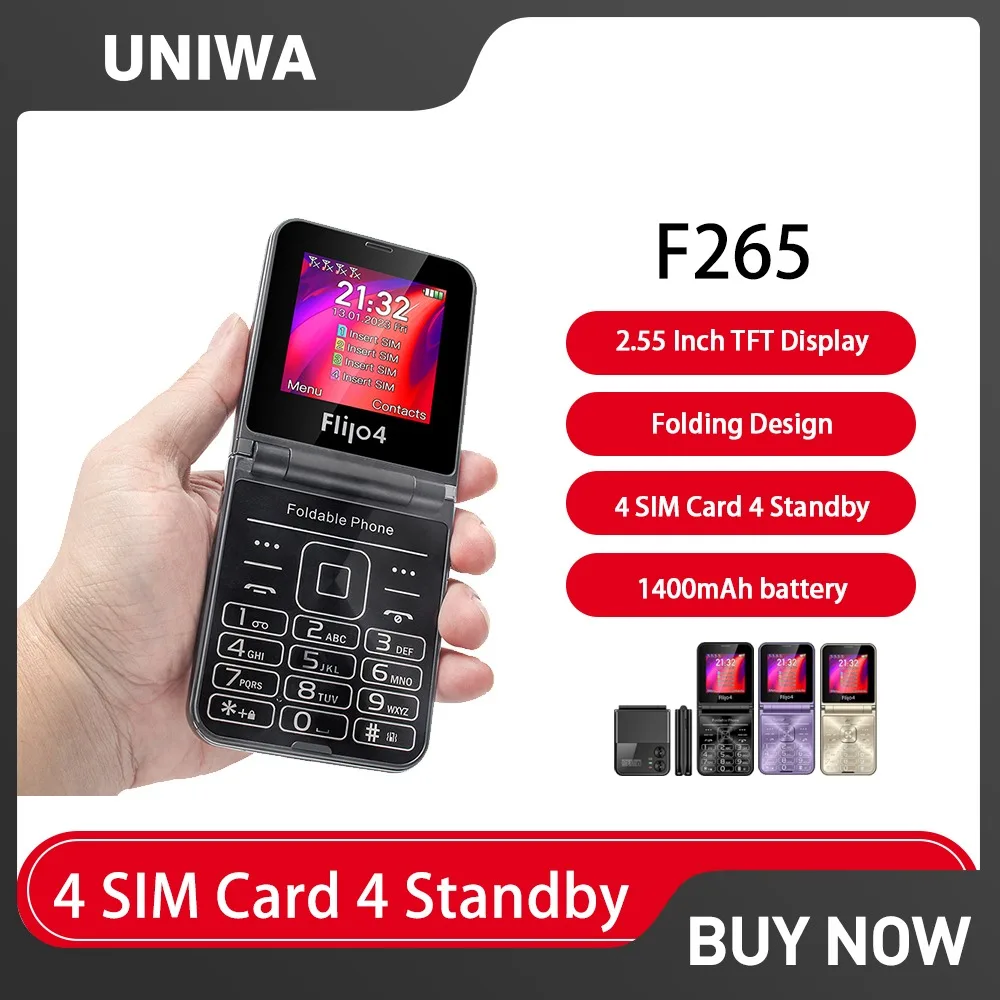 Uniwa F265 Tastiera Pieghevole Flip Phone 2.55 "Dual Screen 4 Sim Card 4 Standby 1400Mah Grande Pulsante 2G Feature Phone Per Anziani