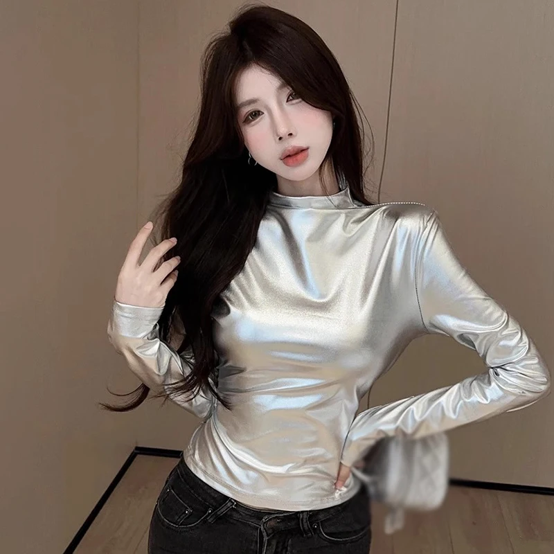 Long Sleeve T-Shirt Top Silver Women Y2K Glossy Half-Height Neck Base Shirt Slim Fitting Sexy Street Style Street Style Spring 3