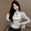 Long Sleeve T-Shirt Top Silver Women Y2K Glossy Half-Height Neck Base Shirt Slim Fitting Sexy Street Style Street Style Spring 3
