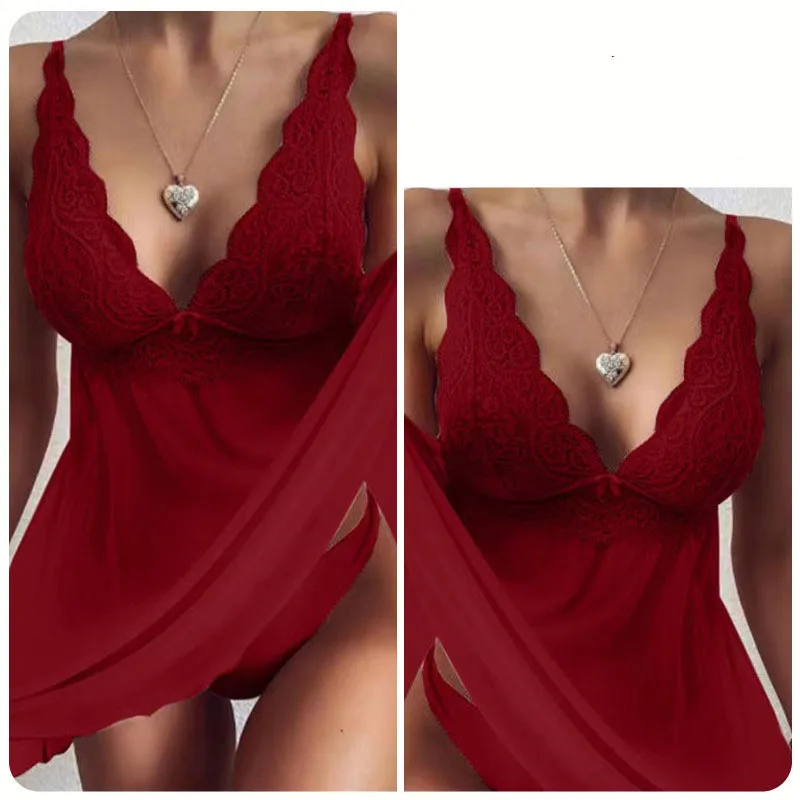 Sexy Women Lace Lingerie Set Sleepwear Dress V Neck Nightgown and Panties Set Fashion Chemise Night Dress Red  Plus Size