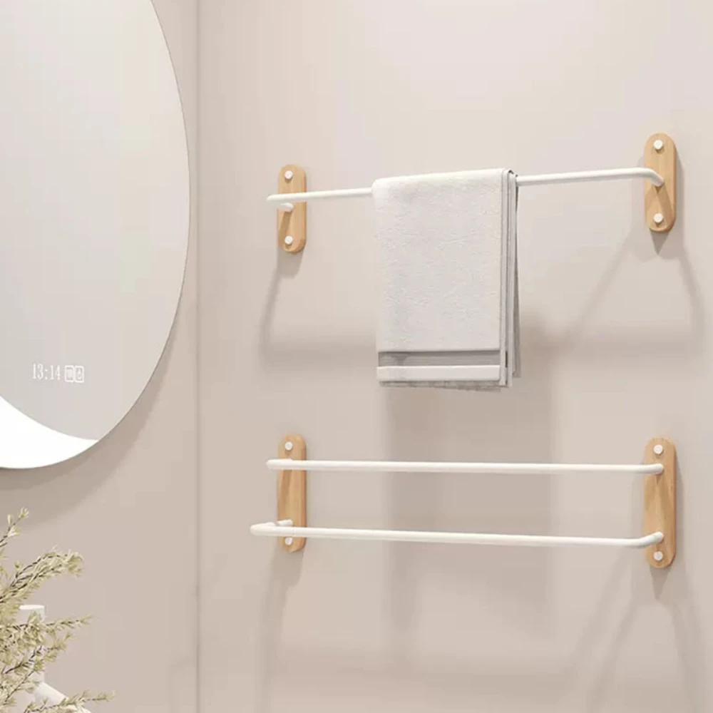 White Bathroom Wood Aluminum Towel Hanger Wall Mounted Towel Rack Wood Bar Rail Bathroom Accessories