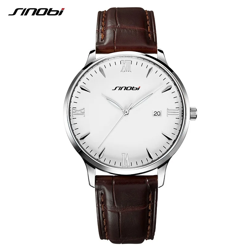 SINOBI Luxury Men's Business Quartz Watch Leather Strap Strainless Steel Shell Luminous Needle Calendar Date Couple Wristwatch