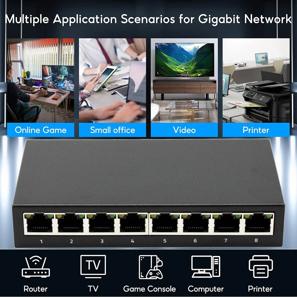 RJ45 5/8 포트 고속 이더넷 스위치 10/100/1000Mbps 고품질 네트워크 스위치 이더넷은 사무실, 가정, 프린터에 적합합니다.