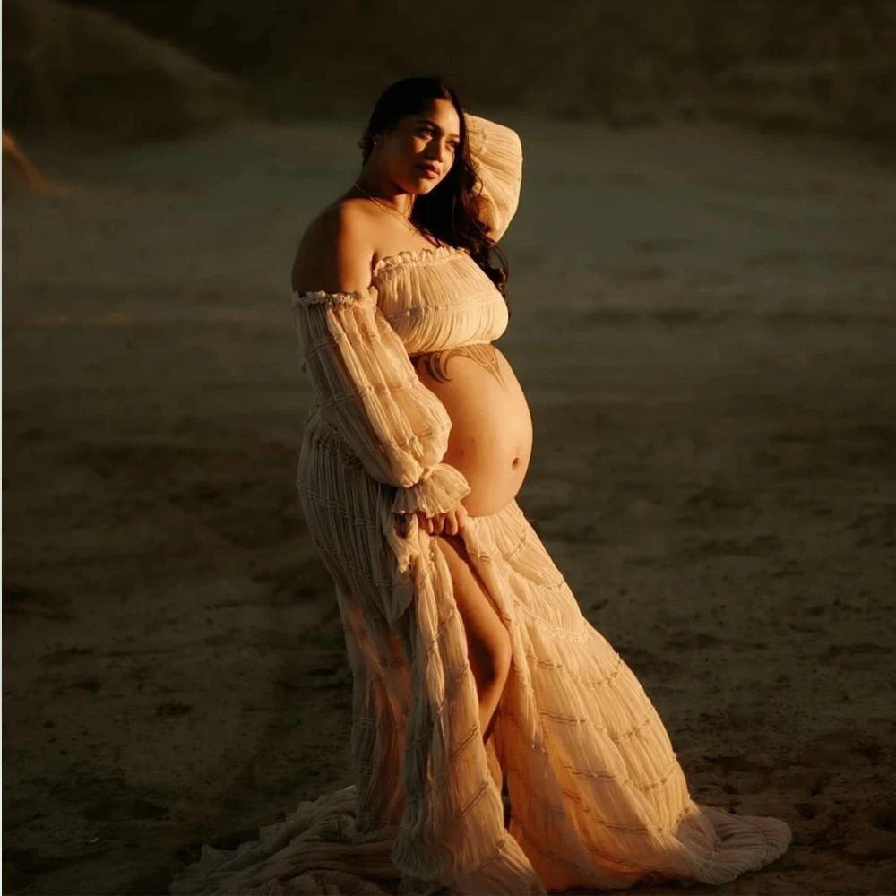 2 in 1 Pleat Maternity Photography Props Outfit Bandeau Lantern Pregnancy Dress For Photo Shoot