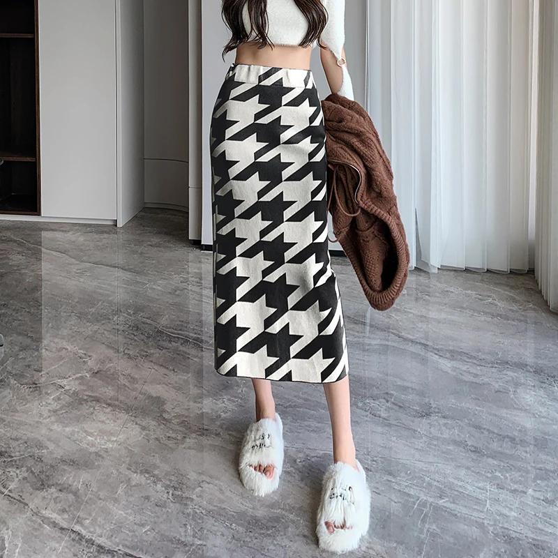 

COIGARSAM Women Thousand Bird Grid Skirt 2022 Vintage Casual High Waist Gray Black Khaki Knitted Plaid Skirts