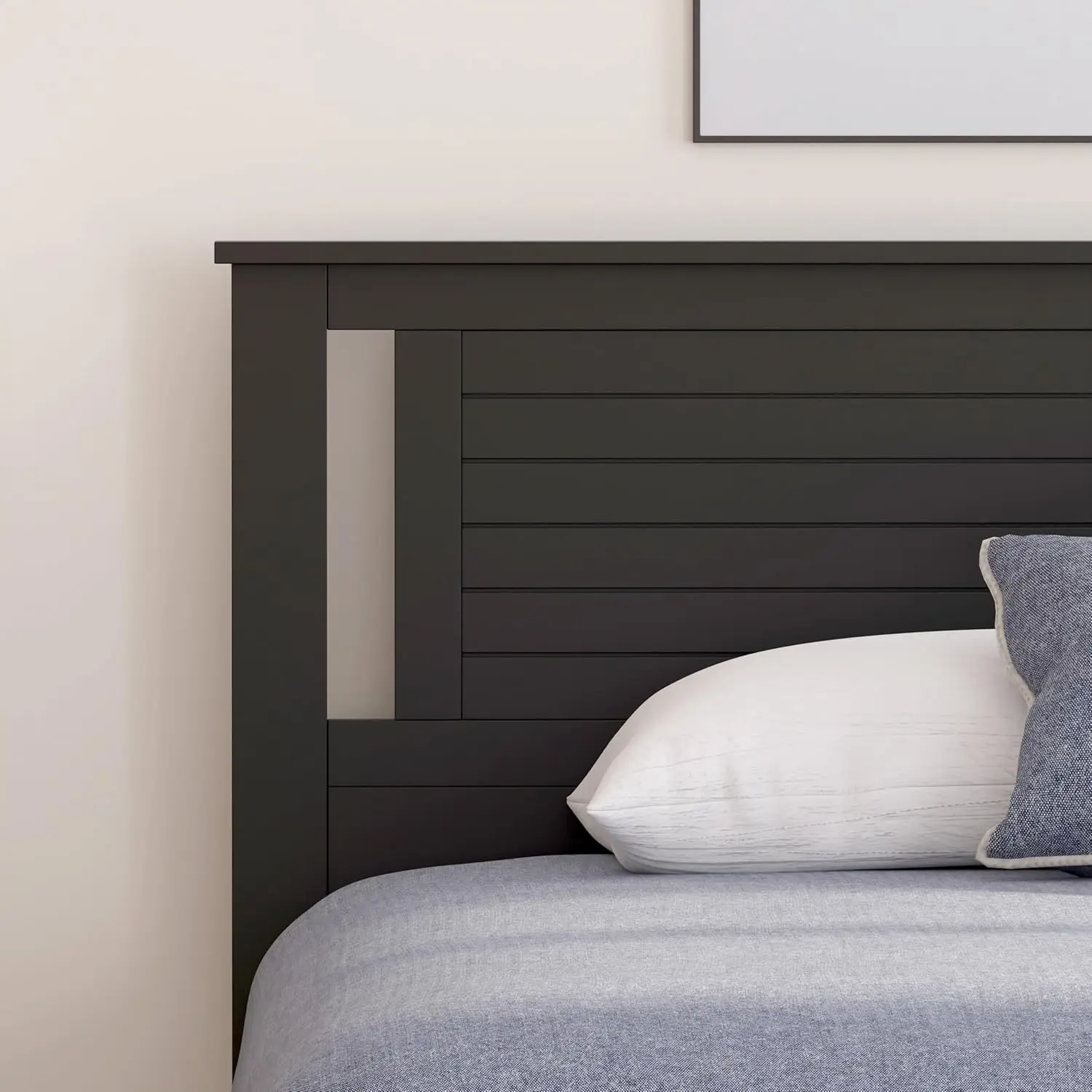 Serene Poplar Wood King Headboard, Modern Farmhouse Panel with Horizontal Scoring, King Size Headboard in Black, Casual Coastal
