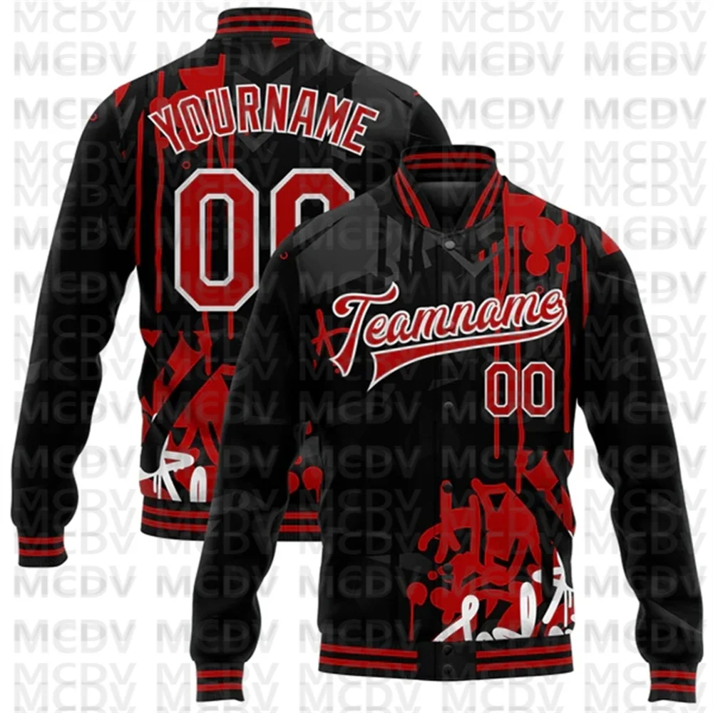 Custom Graffiti Pattern Red-Black Dark Abstract Urban Street Art 3D Bomber Full-Snap Varsity Letterman Jacket weiyao dark black graffiti design low waisted baggy jeans 2023 summer new cargo women s korean fashion street clothes y2k pants