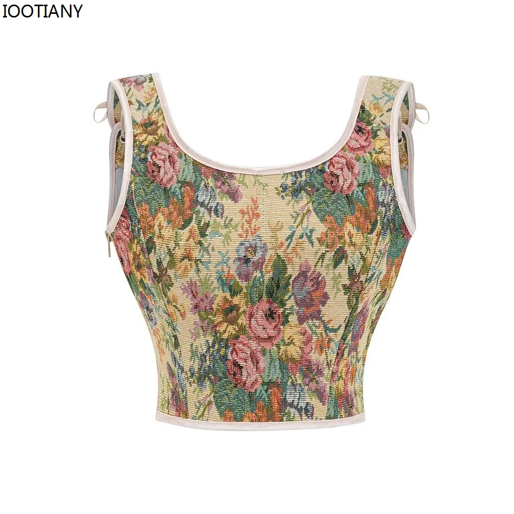 2024 French Style Front Strap Bra Retro Oil Painting Print Shapewear Lace-up Stacked Vest Victorian Party Corset For Women