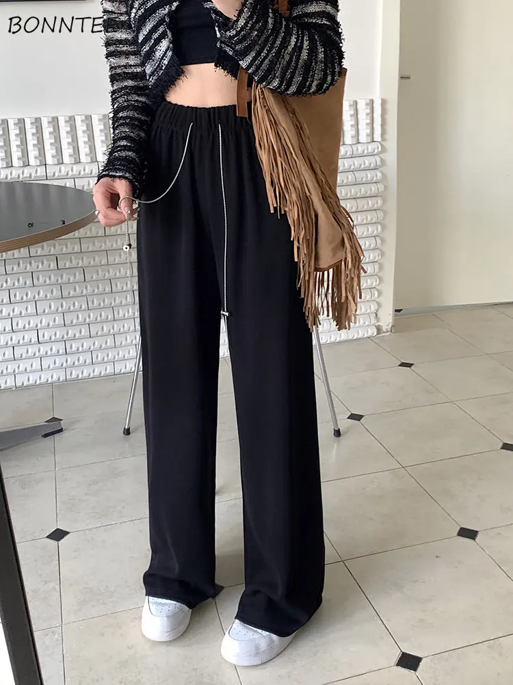 

Black All-match Casual Pants Women Drawstring High Waist Streetwear Ulzzang Retro Students Korean Fashion Cool Unisex BF Simple