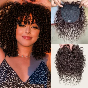  Parrucca con clip per capelli umani per donna Parrucchino corto riccio per capelli diradati Invisibile senza cuciture 13X14 CM