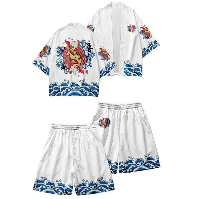 Two-piece Suit Kanagawa Wave Print Haori Yukata Trendy Popular Kimono and Shorts Sets Summer Japanese Cardigan Girls Boys Shirt