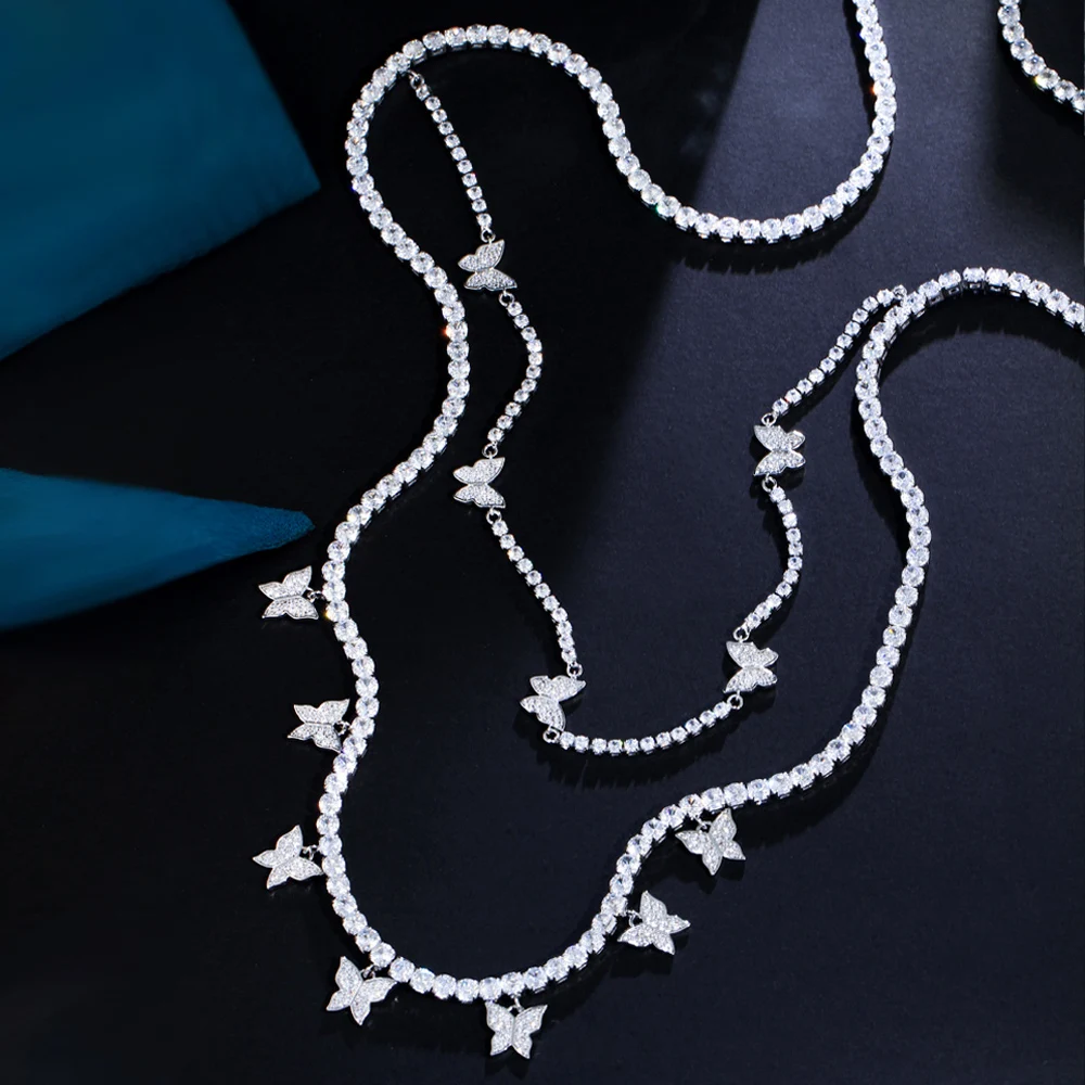 ThreeGraces 82cm Elegant Cubic Zirconia Silver Color Insect Butterfly Long Sweater Chain Necklace for Women Party Jewelry PN199