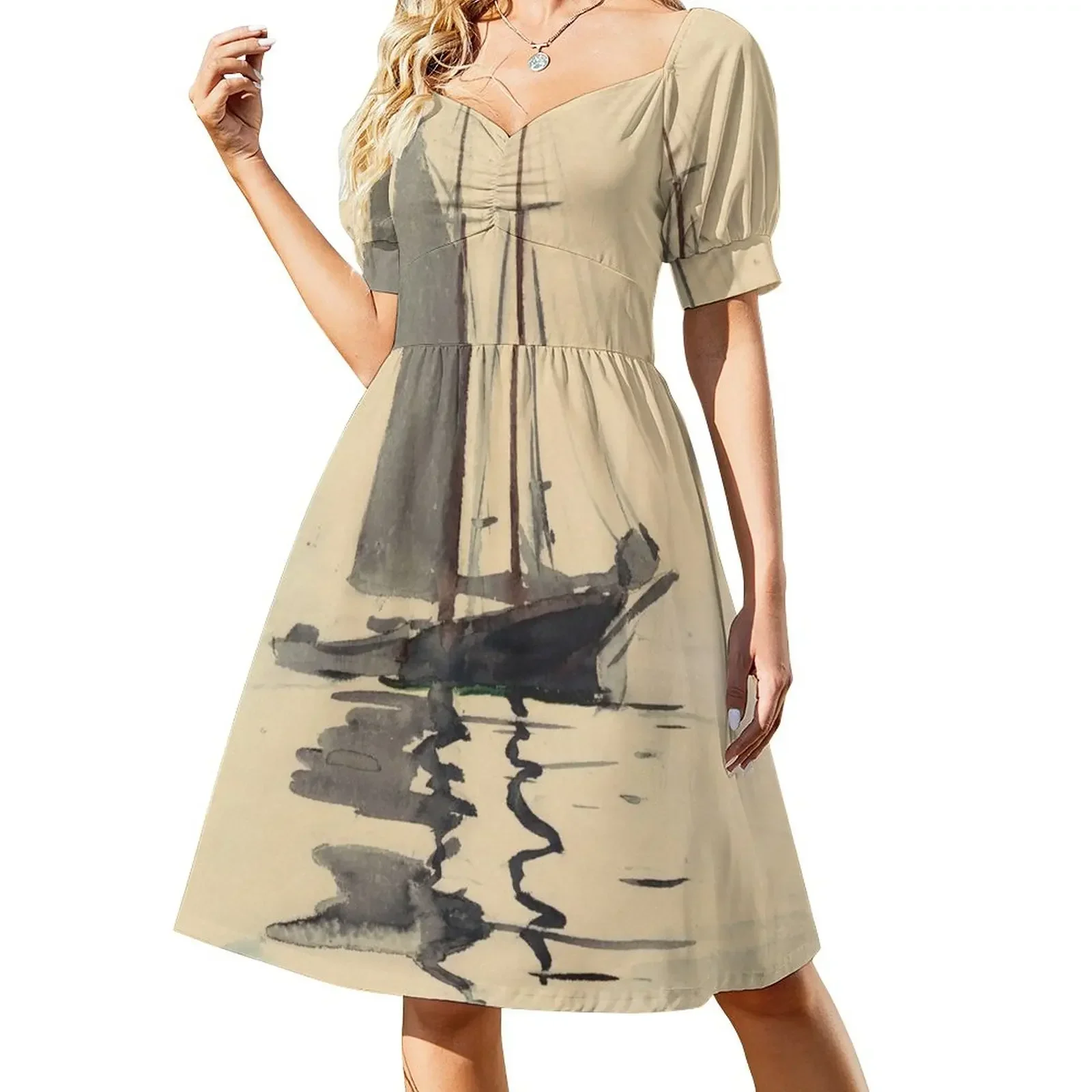 thumbnail image 1 of Vestido de manga corta con pintura de acuarela de un velero Schor vintage (1894) vestidos de noche para mujer vestidos largos para mujer, 1 of 8