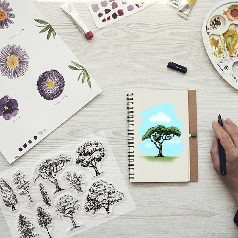 1Sheet Various Trees Clear Stamp Landscape Silicone Clear Stamp Natural Plant Rubber Stamps for Scrapbook Journal Card Making clear stamps clear rubber stamps