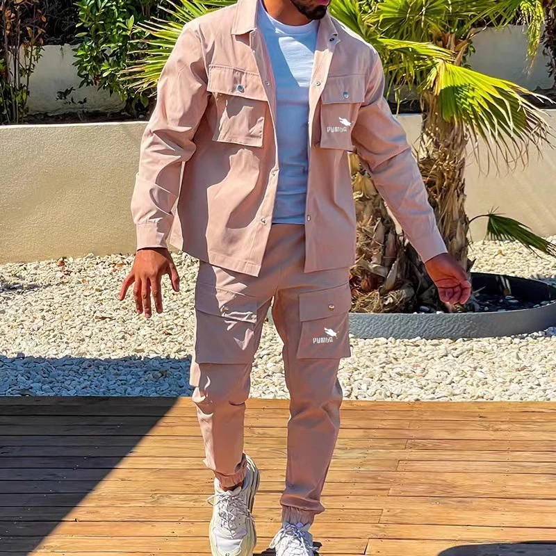 Autumn New Men's Casual Set Style Men's Outdoor Multi Pocket Solid Color Fashion Coat Top Long Sleeve Long Pants Two Piece Set