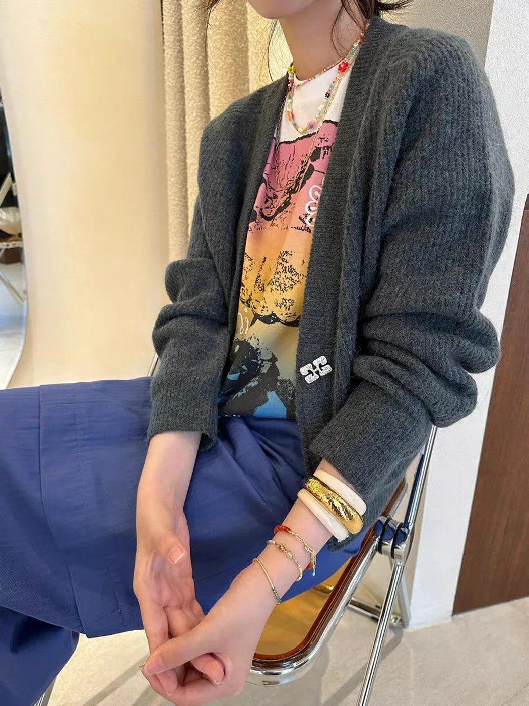 

Strass Buttons Wool Sweaters for Women Autumn Clothes 2023 Long Sleeve V-Neck Fashion Jumper Vintage Cardigan Sweater Female