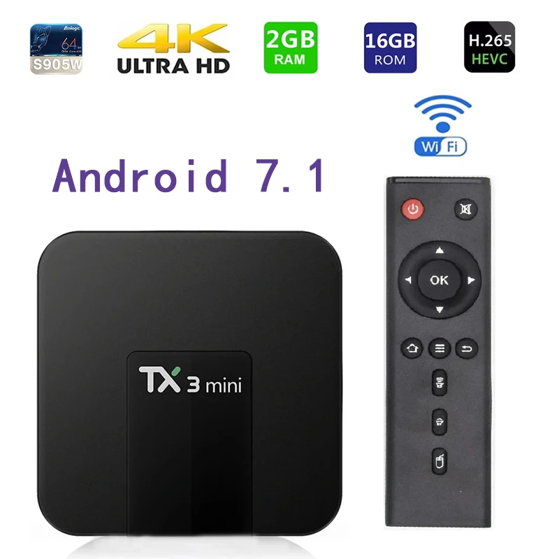 Мини-ТВ-приставка TX3 Android 7,1 H.265 HEVC 2 ГБ 16 ГБ Amlogic S905L 2,4 ГБ WiFi 3D HD 4K умная телеприставка