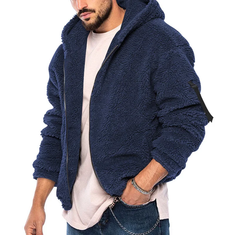 new double sided velvet thickened warm lambswool solid color jacket hooded jacket Autumn Winter Men's Double-sided Velvet Warm Hoodies Fashion Solid Color Loose Fitting Hooded Zipper Sport Casual Jacket