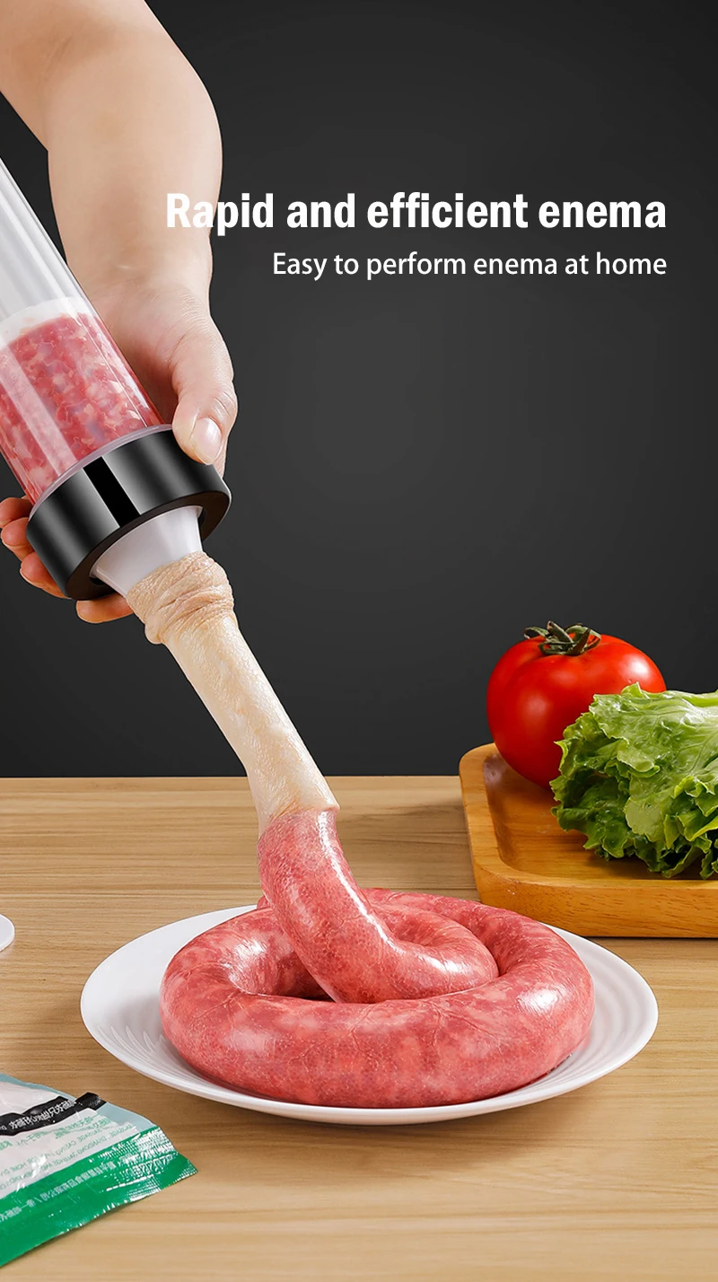 Description Picture 5 of itemManual Sausage Maker Meat Filler Stuffer  Stainless Steel Syringe With Casing Kitchen Home Made Sausages Vertical