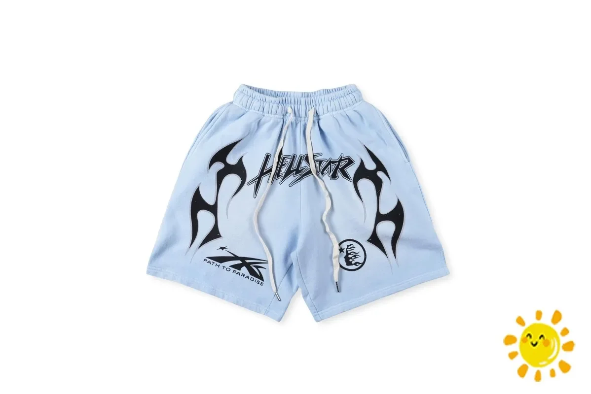 

New Washed Hellstar Studios Fire Sky Blue Shorts Men Women Drawstring Breeches Hip Hop