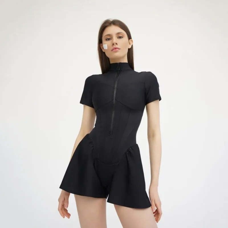 

Mozision Autumn Sexy Bodycon Playsuit Women Jumpsuit O Neck Short Sleeve Zipper Bodysuit Female Elegant Slim Playsuits Rompers