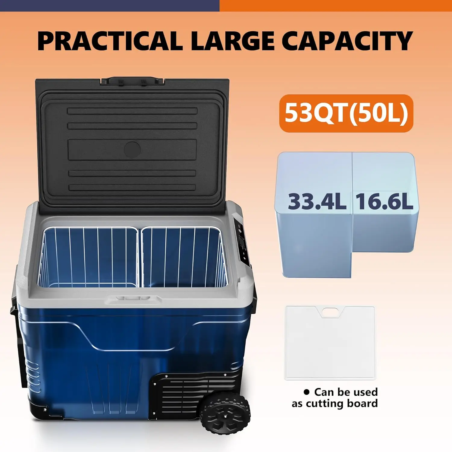 Refrigerator Portable Fridge-53 Quart(50L) Electric Cooler Big Zone with 2 Baskets and Wheels, 12V Fridge -4℉-68℉ for Camping,