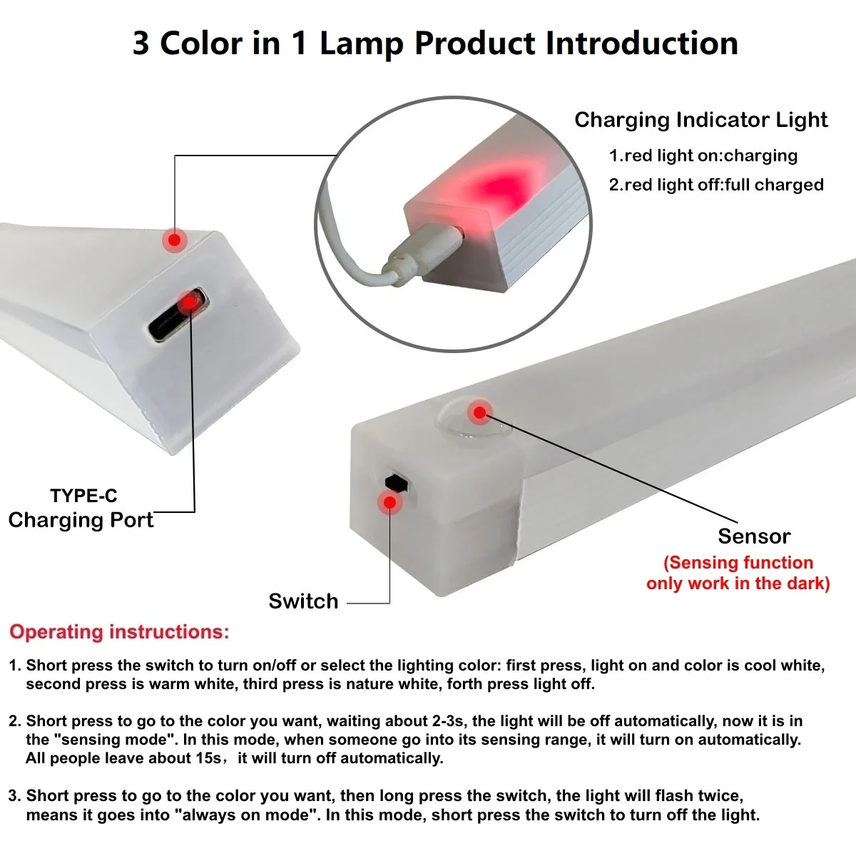 Motion Sensor Wireless LED Night Light USB Rechargeable Long Strip Bar Lamp for Kitchen Cabinet Wardrobe Bedside Staircase Tube 6