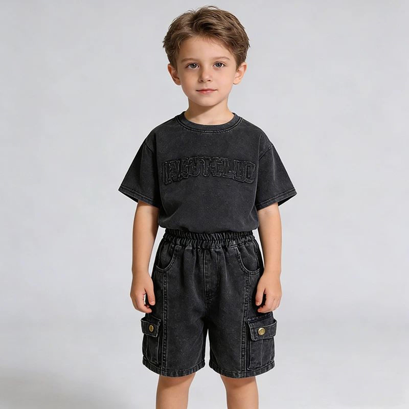Toddler Boys 2Pcs Summer Outfits Letter Short Sleeve T-Shirt Washed Denim Shorts Set Kids Boys Casual Streetwear Clothes 2-6Year 5
