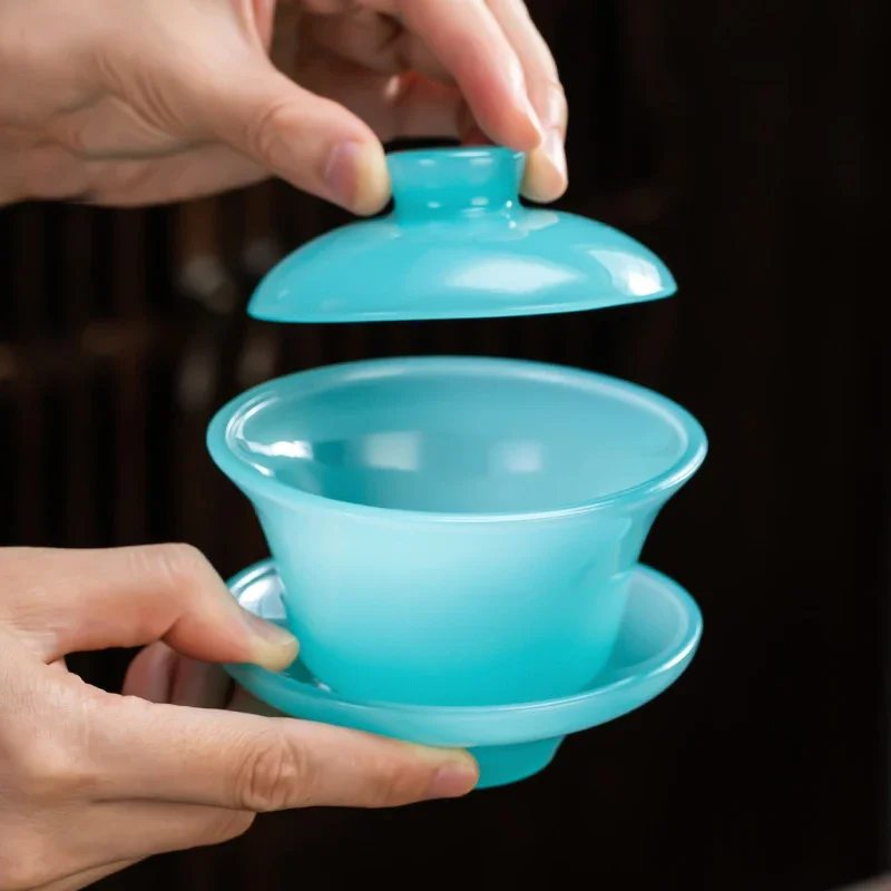 Tianqing Sky Blue Jade Porcelain Sancai Gaiwan Large Tea Bowl Chinese Kungfu Tea Set Glass Tureen Premium Set