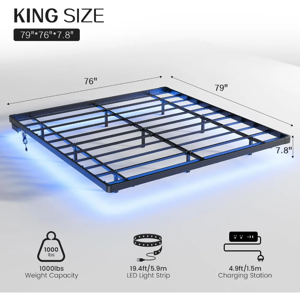 Bed Fram, King Size Floating Bed Frame, Metal Platform, with LED Light and Charging Station, No Box Spring Needed, Noise-Free 2