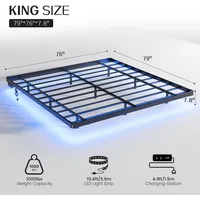 Bed Fram, King Size Floating Bed Frame, Metal Platform, with LED Light and Charging Station, No Box Spring Needed, Noise-Free 2