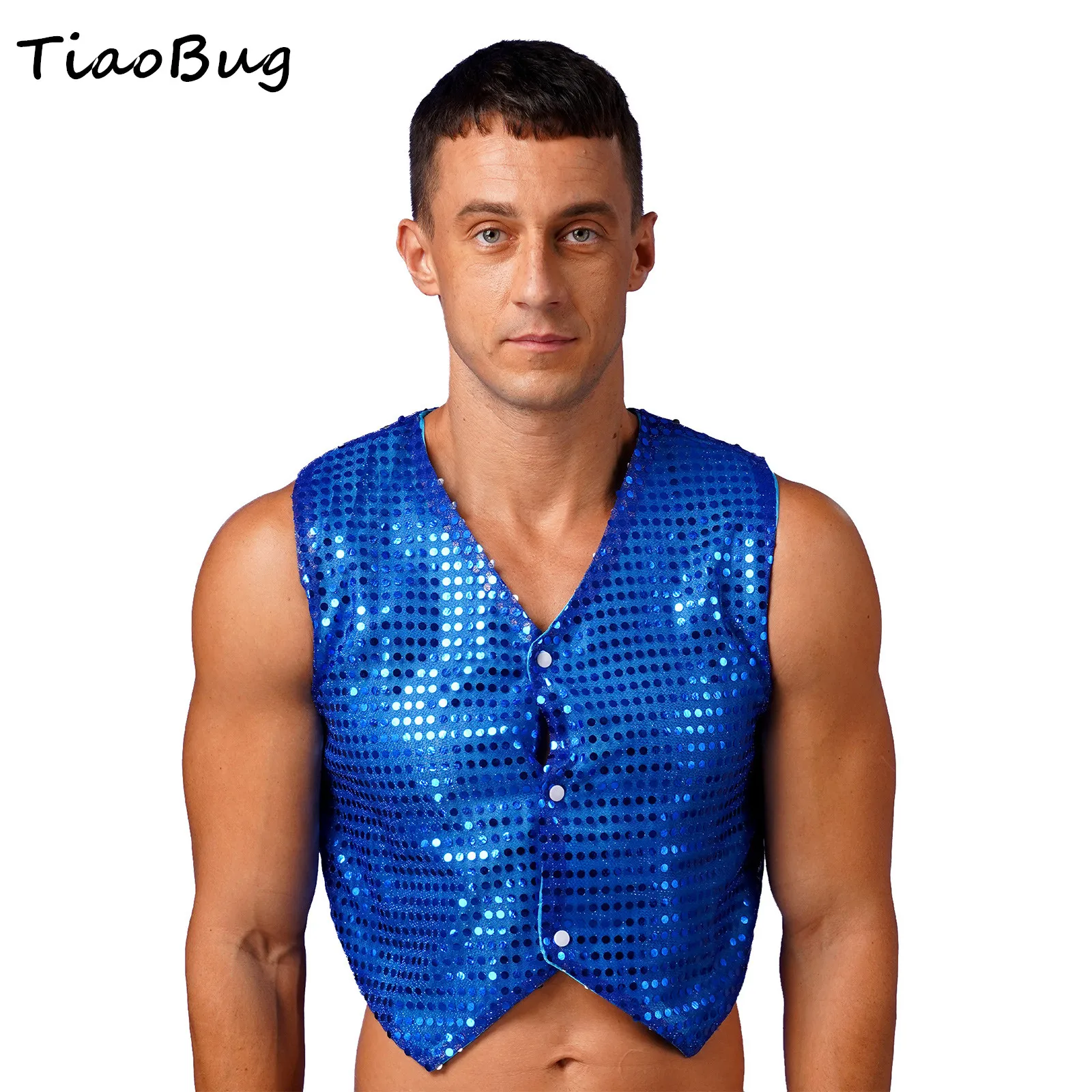 

Mens Glittery Sequined Vest V Neck Sleeveless Irregular Hem Waistcoat Jazz Dance Stage Performance Costume