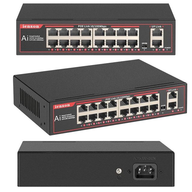 Poe Switch Ethernet com 18 Portas 100mbps Ethernet Gigabit 802.2.3 af at Rede para Câmera ip sem Fio ap Nrv