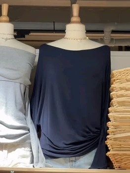 Navy Long Batwing Sleeve T-shirts Woman Sweet Slash Neck Cotton Tee Shirts Female Casual Simple All-match Tshirts Y2k Tops 1