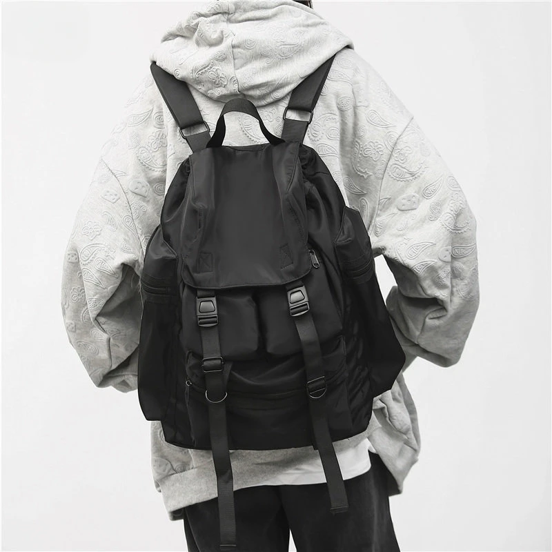 

Solid Black Men's Backpacks Cool Streetwear Style Man Backpack Harajuku Large Capacity School Bags Waterproof Nylon Bags for Men