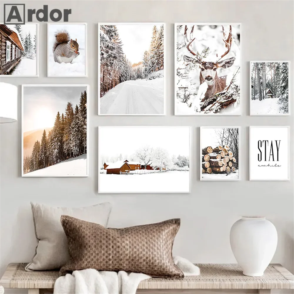 

Winter Snow House Forest Posters Squirrel Deer Canvas Pictures Wood Wall Art Print Tree Poster Nordic Picture Living Room Decor